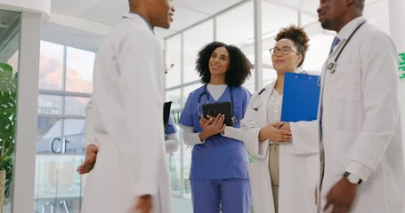 Doctors, handshake and welcome with group, hospital and leader for kindness, respect or introduction. Medic team, new employee and together in circle for at clinic with meeting for recruitment to job