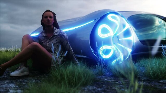 3d girl and futuristic electric car on walley. Future concept. Realistic 4k animation.