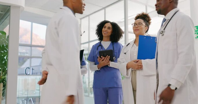 Doctors, handshake and welcome with group, hospital and leader for kindness, respect or introduction. Medic team, new employee and together in circle for at clinic with meeting for recruitment to job