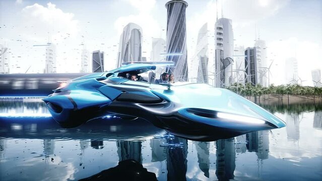 fying car in futuristic city with people.. Future concept. Realistic 4k animation.