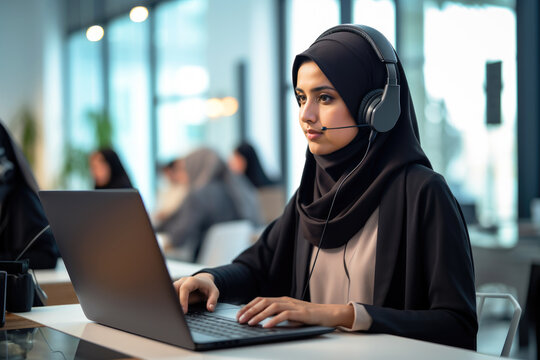 Woman wearing hijab working customer support, call center customer service, modern office, saudi, middle east