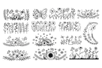 Floral and Floral Cut File. Flower arrangement. Flowers SVG.  Flower bouquet.  Black white Line design  vector illustration. 
