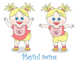 Playful blonde twin girls in panty bloomer, bib and loose socks. Cartoon vector illustration of cute characters on white background.