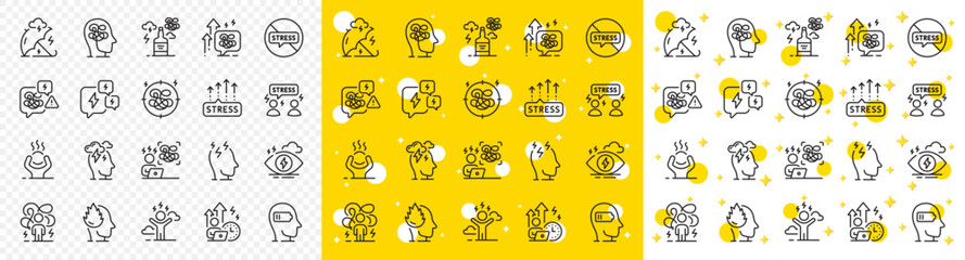 Fototapeta premium Mental health, depression and confusion thoughts. Stress line icons. Frustrated man, negative mood, panic fear outline icons. Stress pressure and psychology mental problems. Bad depression. Vector