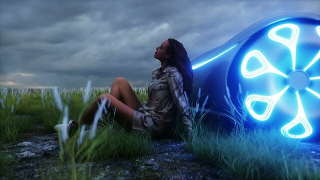 3d girl and futuristic electric car on walley. Future concept. Realistic 4k animation.