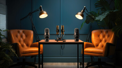 Studio interior for podcast and interview with two chairs