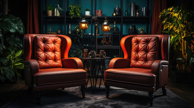 Studio interior for podcast and interview with two chairs