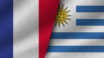 Uruguay and France Realistic Two Flags Together, 3D Illustration