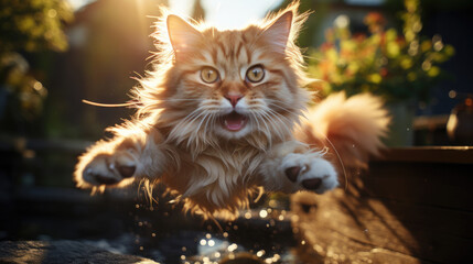 Naklejka na ściany i meble A cute cat doing a back flip at outdoor