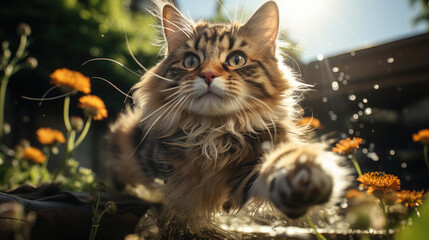 A cute cat doing a back flip at outdoor