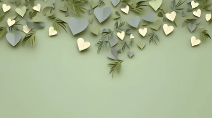 Banner, twigs with heart-shaped leaves on a green background, next to a free space for the inscription. - obrazy, fototapety, plakaty