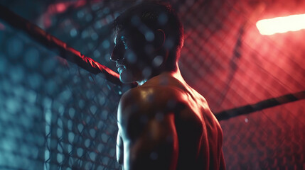 Close-up shot of MMA boxing athlete in the ring with cage - obrazy, fototapety, plakaty