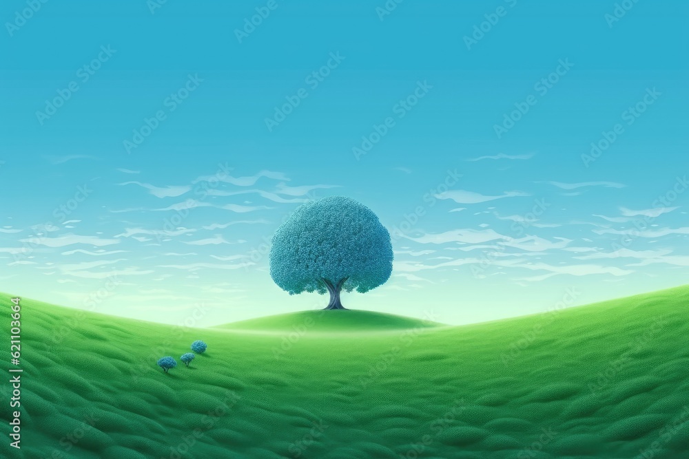 Aufkleber lone tree in a tranquil, perfectly green and blue setting. made using generative ai tools