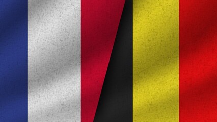 Belgium and France Realistic Two Flags Together, 3D Illustration