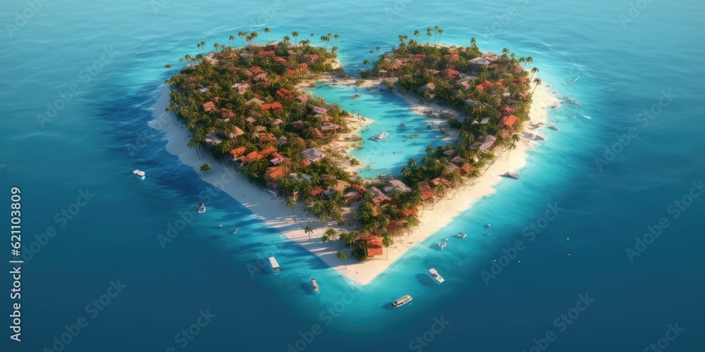 Poster island paradise shaped like a heart. made using generative ai tools