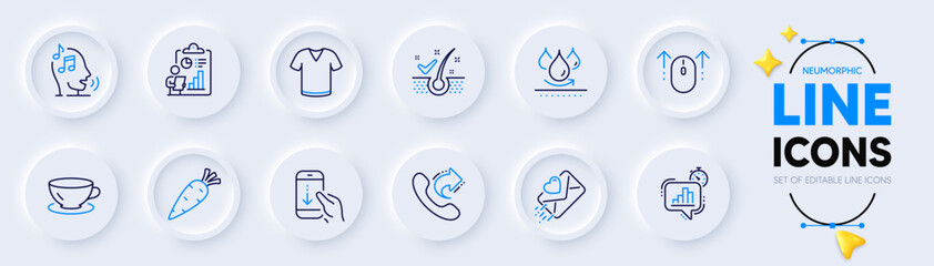 Share call, Swipe up and Scroll down line icons for web app. Pack of Report, Carrot, Anti-dandruff flakes pictogram icons. Espresso, Voicemail, T-shirt signs. Waterproof, Love letter. Vector