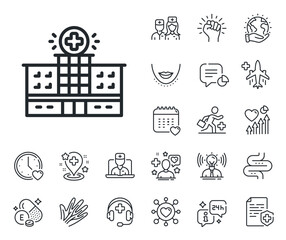 Medical help sign. Online doctor, patient and medicine outline icons. Hospital building line icon. Hospital building line sign. Veins, nerves and cosmetic procedure icon. Intestine. Vector