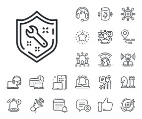 Repair service sign. Place location, technology and smart speaker outline icons. Spanner tool line icon. Shield protection symbol. Spanner line sign. Influencer, brand ambassador icon. Vector