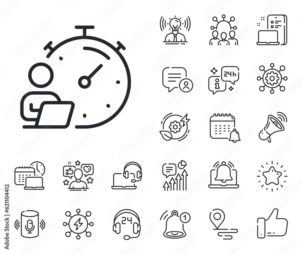 Poster task stopwatch time sign. place location, technology and smart speaker outline icons. work timer lin