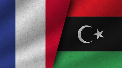 Libya and France Realistic Two Flags Together, 3D Illustration
