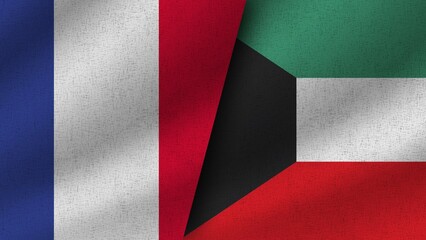 Kuwait and France Realistic Two Flags Together, 3D Illustration