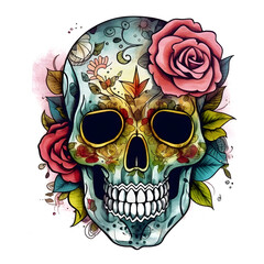 Colorful Sugar Skull rose coloring Watercolor on white background, AI generated.