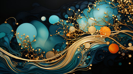 Enchanting Symmetry: Abstract and Intricate Line Art Blooms Against a Captivating Background, Creating a Mesmerizing Backdrop of Colors, Silver, Gold, and Black-White, Fit for Wallpaper, Generative AI