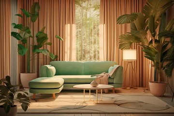 Living room interior design sample in green and beige tones. made using generative AI tools