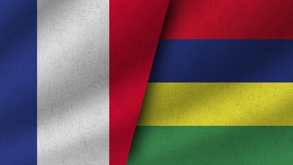 Mauritius and France Realistic Two Flags Together, 3D Illustration