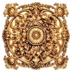 Ornament of gold plated vintage floral gold metal plate with classic ornament on white background, AI generated.