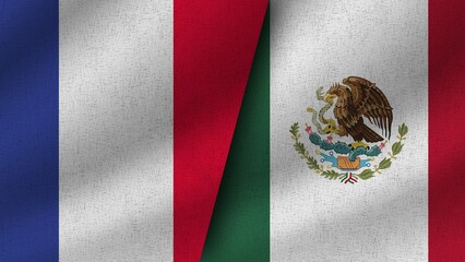Mexico and France Realistic Two Flags Together, 3D Illustration