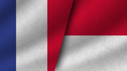 Monaco and France Realistic Two Flags Together, 3D Illustration
