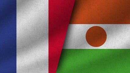 Niger and France Realistic Two Flags Together, 3D Illustration