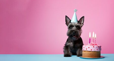 Scottish Terrier dog wearing a birthday hat waiting on a cake, canine  dog happy birthday, generative ai