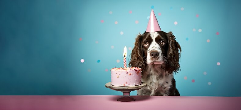   English springer spaniel dog wearing a birthday hat waiting on a cake, canine  dog happy birthday, generative ai