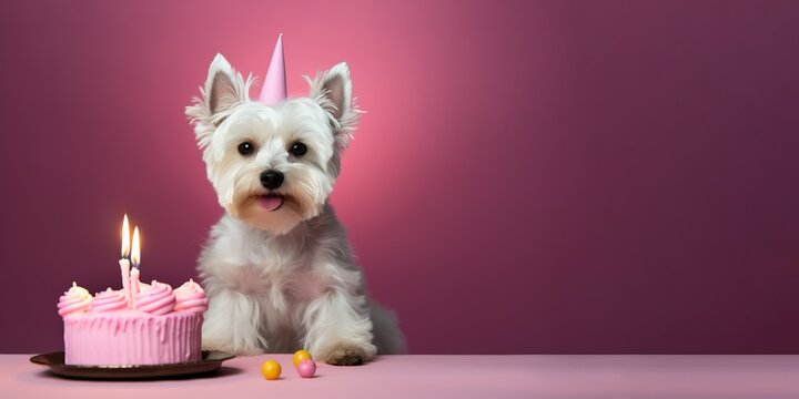 West Highland White Terrier dog wearing a birthday hat waiting on a cake, canine  dog happy birthday, generative ai