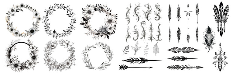 Decorative round floral frames made of blooming flowers hand drawn with contour lines on white background. Vintage laurel wreaths collection. Set of circular natural design element.