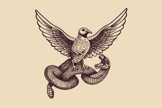 An illustration of a dove carrying a rattlesnake in its paws. The snake and the bird are a symbol of victory over evil. Retro vintage style.