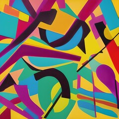 Abstract painting consisting of chaotic multicolored bright various shapes and figures separated by black lines
