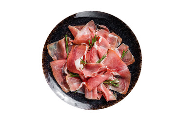 Slices of prosciutto crudo parma or jamon serrano with rosemary.  High quality Isolate, transparent...