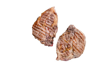 BBQ Grilled Pork loin steaks from neck fillet meat on grill. High quality Isolate, transparent background