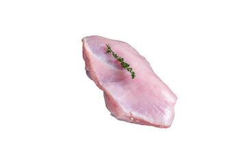 Raw turkey breast fillet on a wooden butcher board with meat cleaver. High quality Isolate, transparent background