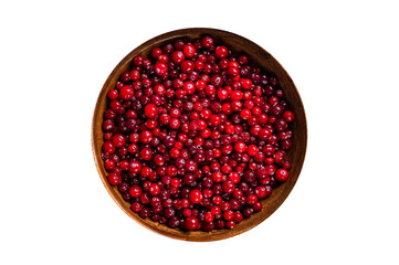 Red Cranberry berry in a wooden plate. High quality Isolate, transparent background