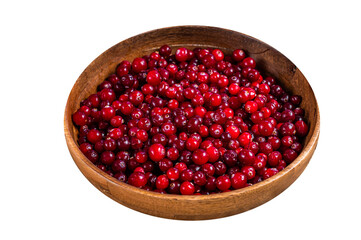 Red Cranberry berry in a wooden plate. High quality Isolate, transparent background