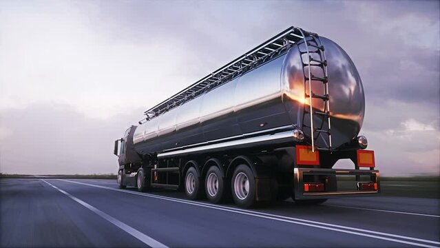 Gasoline truck on highway. Oil. Very fast driving.