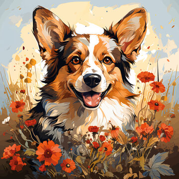 Welsh Corgi Dog with flowers close-up watercolor illustration.

