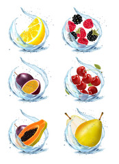 Set of fruits and berries in water splash. Apricot, watermelon, cherry, papaja, pineapple, limon, orange, mint, strawberry? blackberry, raspberry, mango in water splash and drops. Vector illustration. - 621107014
