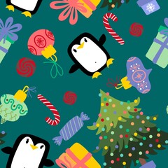 Christmas cartoon animals seamless penguin and gift box and candy pattern for wrapping paper and fabrics