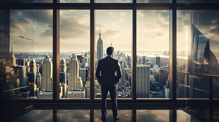 Businessman enjoying the skyscrapers through a glass window.