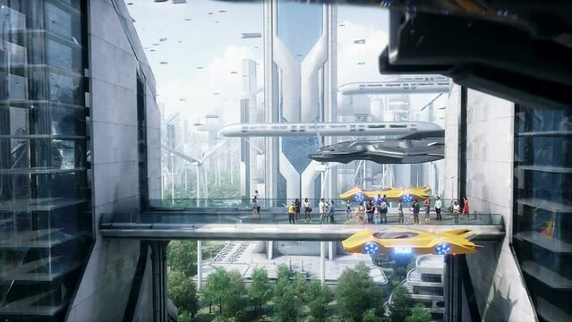 Futuristic city. 3d people and robots. Future concept. Realistic 4k animation.